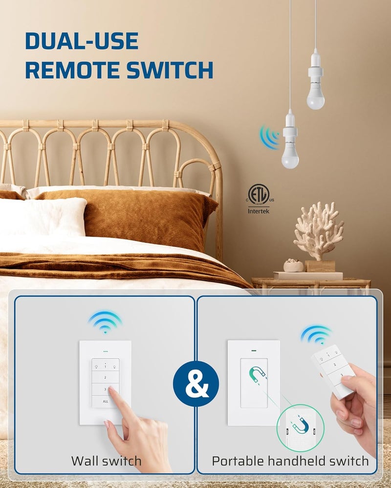 DEWENWILS Remote Control Light Socket, Wireless Light Switch for Pull Chain Light Lamp Fixtures, 100FT Range, No Wiring Needed, ETL Listed(1 Wall Mounted Controller+2 Socket, Shorter Version) - Image 3